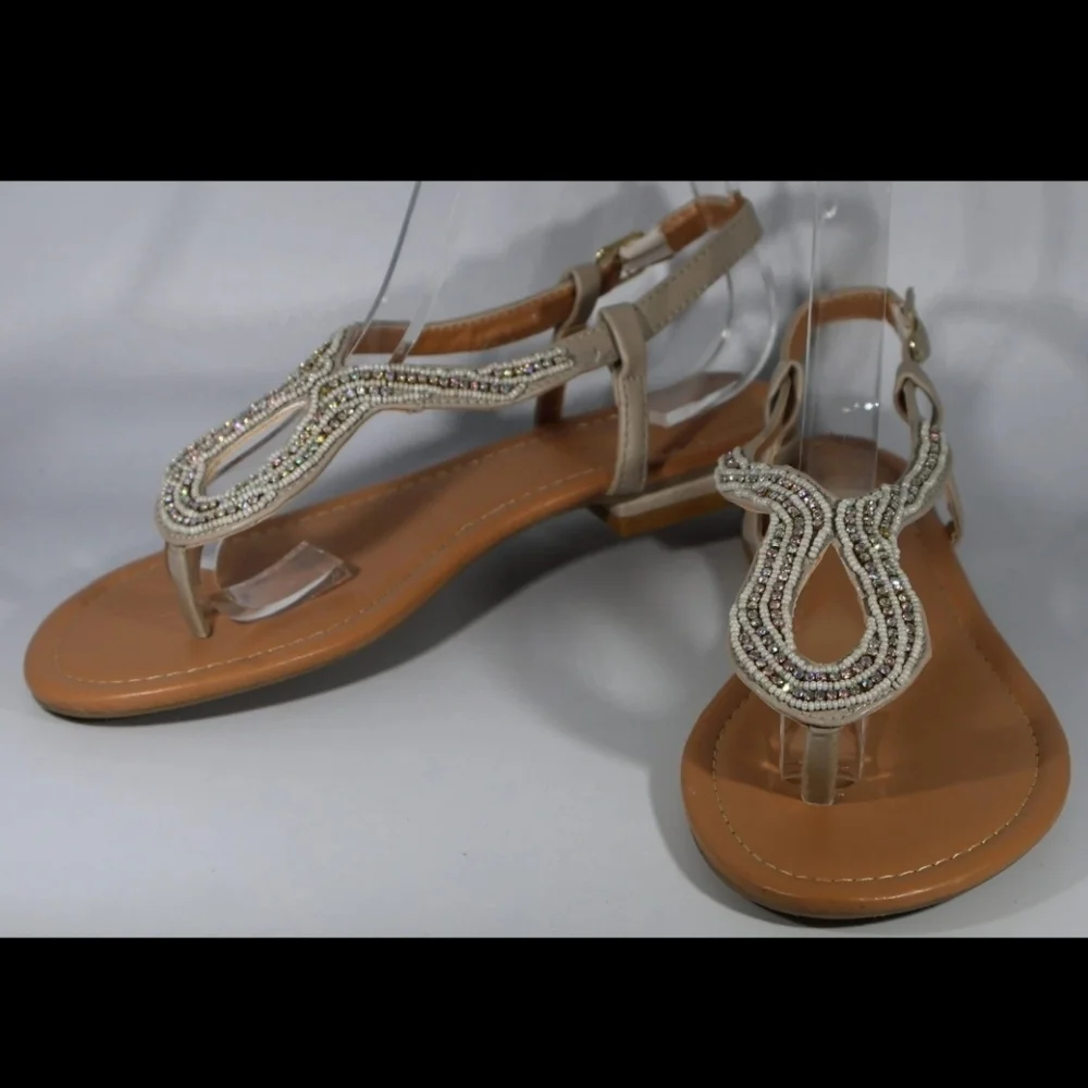 Maurices Beaded Women's Fashion Thong Strappy Sandals, Beige Size 7